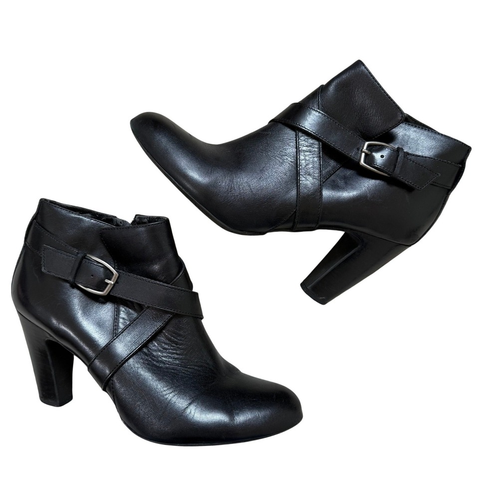 Franco Sarto Womens Black Leather Buckle Strap‎ Block Heel Ankle Boots 8.5
